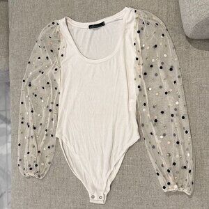 Women's Multicolor Polka Dots Sheer Mesh Long Sleeve Bodysuit